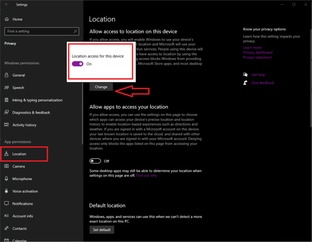 Cài đặt Location Services trên Windows, cho phép người dùng bật/tắt định vị trên máy tính hoặc laptop.