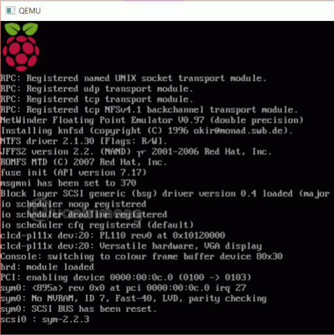Giao diện giả lập Raspberry Pi trên QEMU khởi động hệ điều hành Raspbian