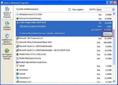 Giao diện Add or Remove Programs trên Windows XP khi xóa chương trình
