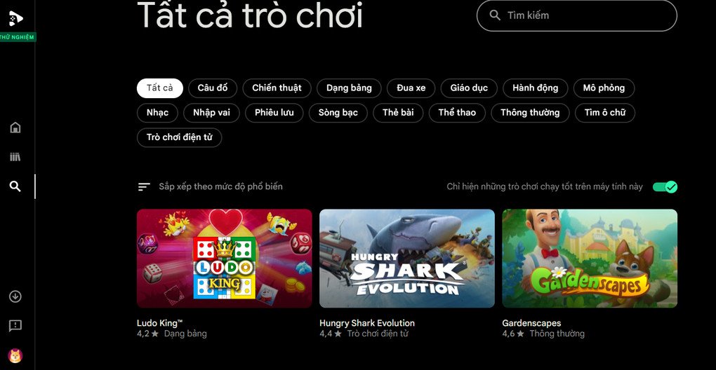 Giao diện chính của Google Play Games hiển thị kho game Android