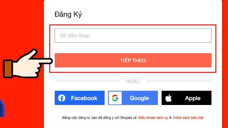 Giao diện đăng ký tài khoản Shopee trên máy tính bằng số điện thoại