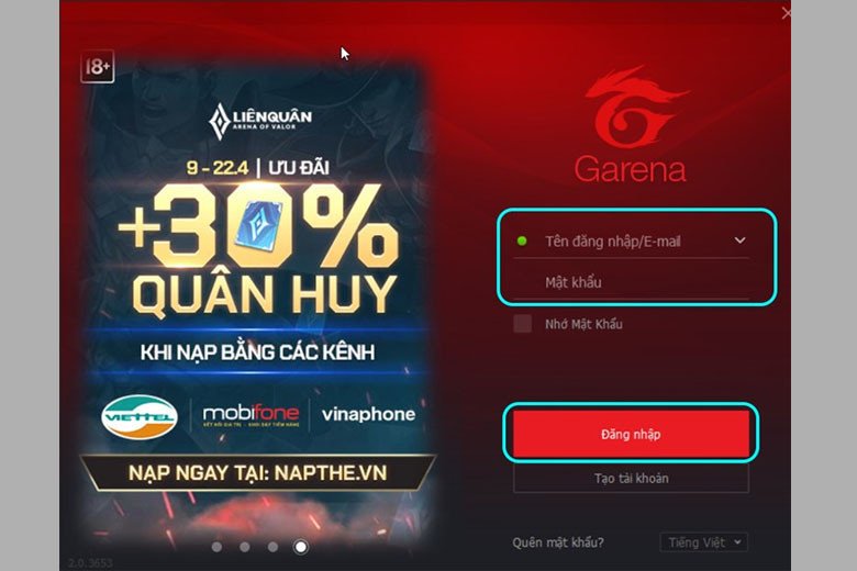 Giao diện đăng nhập tài khoản Garena trên ứng dụng PC