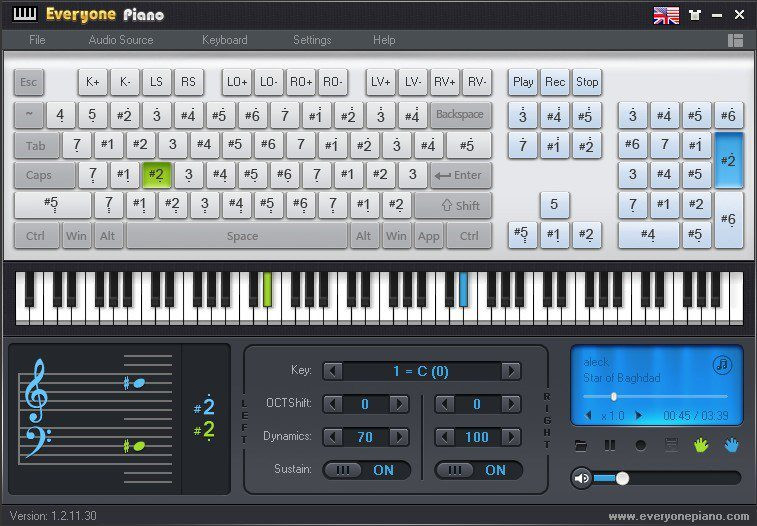 Giao diện phần mềm Everyone Piano để chơi piano bằng bàn phím máy tính