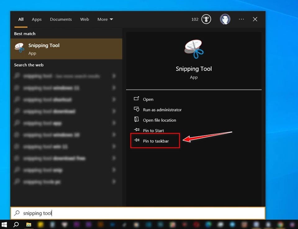Giao diện Snipping Tool với tùy chọn ghim vào Taskbar, thể hiện việc tối ưu hóa truy cập