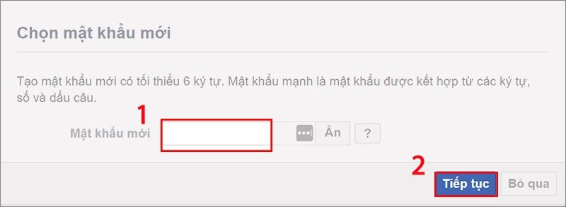 Giao diện tạo mật khẩu Facebook mới khi khôi phục tài khoản trên máy tính