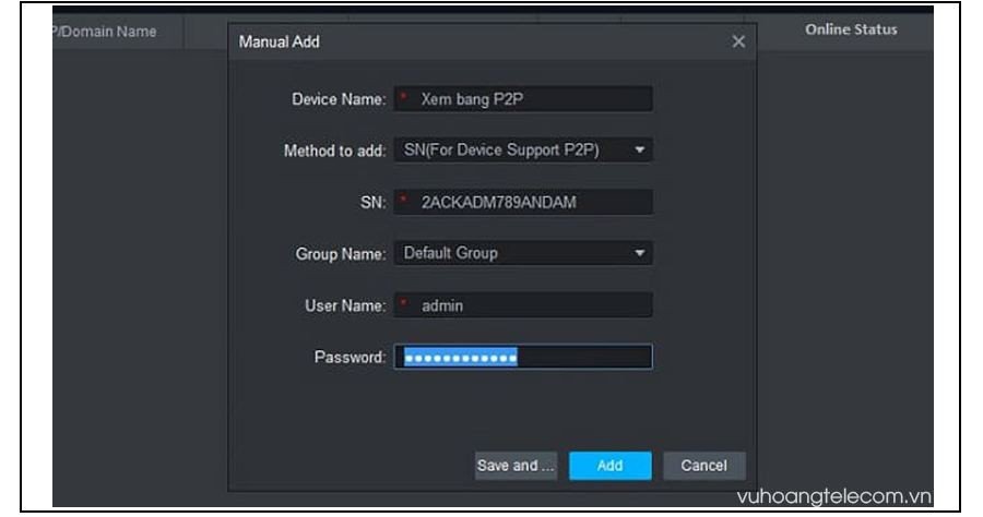 Giao diện thêm thiết bị camera KBVISION bằng chế độ P2P trong KBiVMS, một phương thức kết nối tiện lợi của phần mềm download.