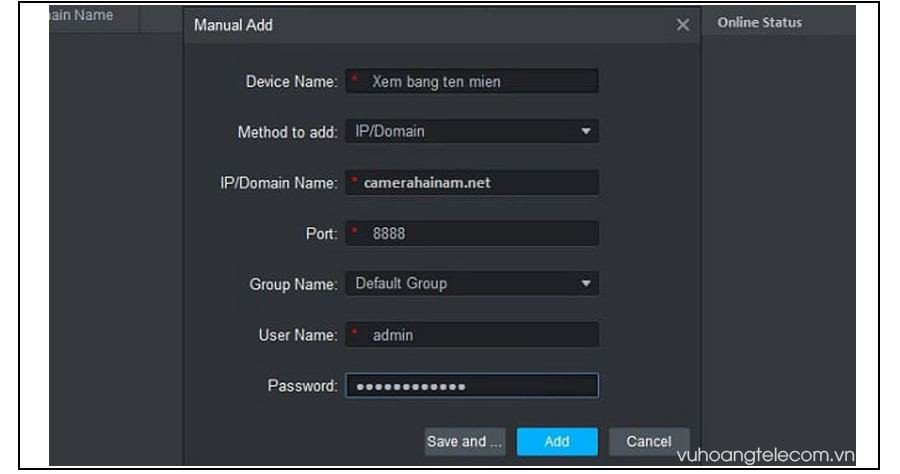 Giao diện thêm thiết bị camera KBVISION bằng tên miền/IP trong KBiVMS, một cách khác để kết nối sau khi download phần mềm.