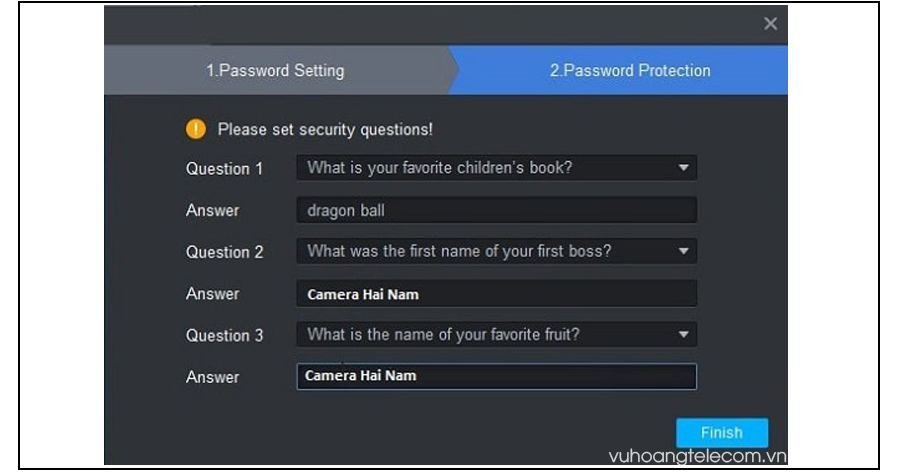 Giao diện thiết lập câu hỏi bảo mật trong KBiVMS, giúp người dùng khôi phục tài khoản phần mềm download nếu quên mật khẩu.