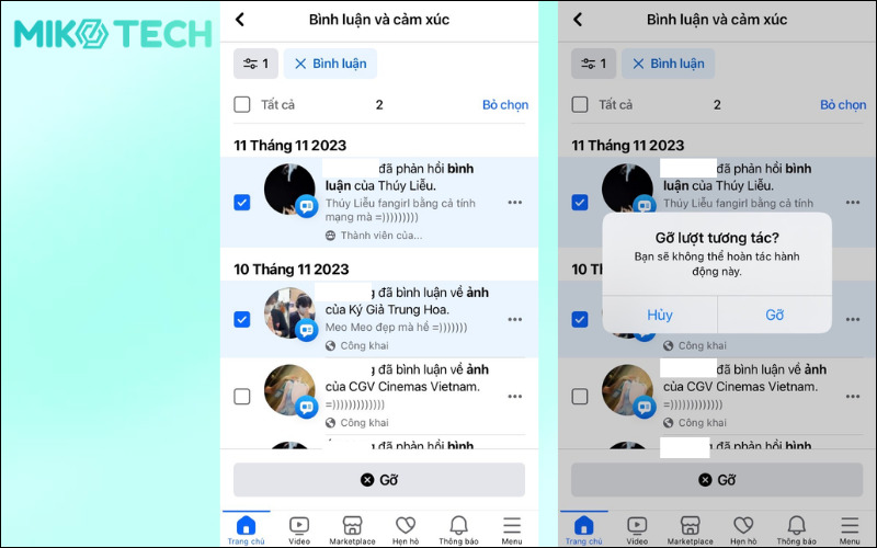 Xác nhận gỡ bình luận trên Facebook bằng điện thoại