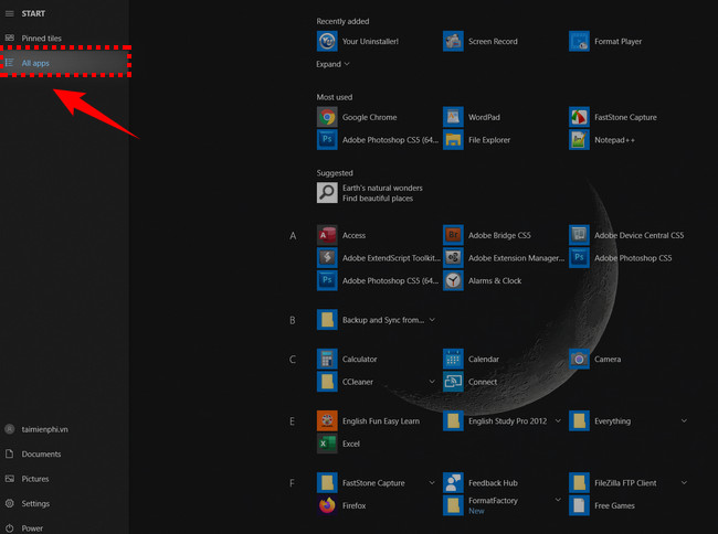 Mở menu Start để xóa chương trình trên máy tính Windows 10