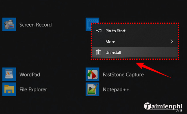 Chọn Uninstall để xóa chương trình trên máy tính từ Start Menu