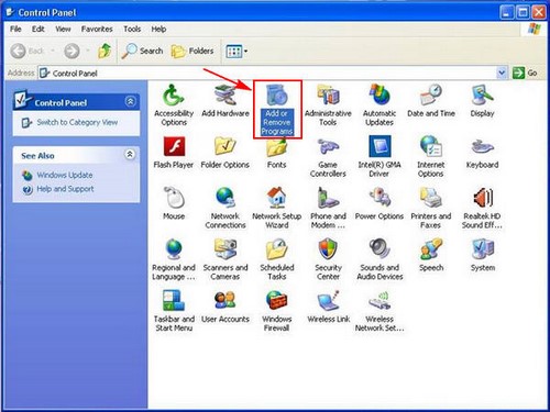 Chọn Add or Remove Programs để gỡ bỏ phần mềm trên máy tính Windows XP