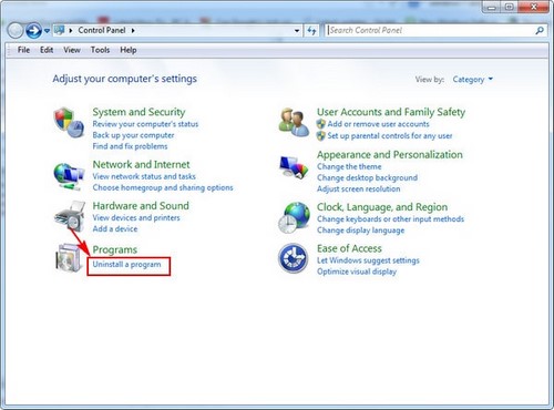 Chọn Uninstall a program để gỡ bỏ phần mềm trên máy tính Windows 7