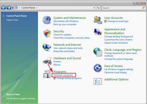Chọn Uninstall a program để gỡ bỏ phần mềm trên máy tính Windows Vista