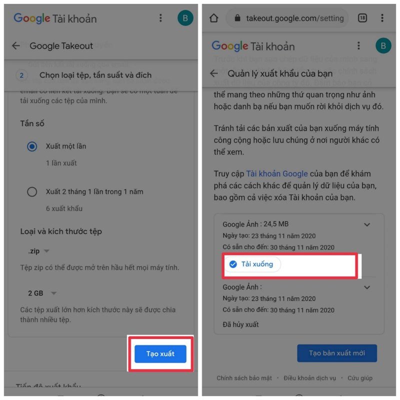 Google Takeout - Chọn xuất một lần, tùy chỉnh loại và kích thước tệp, sau đó tạo xuất