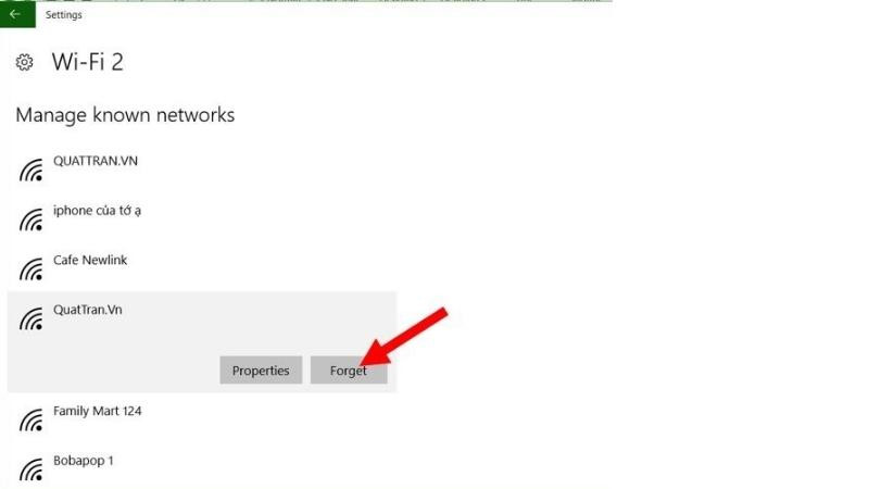 Hình ảnh bảng cài đặt Wifi khả dụng trên Windows, nơi người dùng có thể chọn để Forget (xóa) một mạng WiFi.