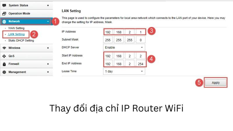 Hình ảnh giao diện cài đặt mạng LAN trong một trang quản lý router, nơi có thể thay đổi địa chỉ IP của router để tránh xung đột.