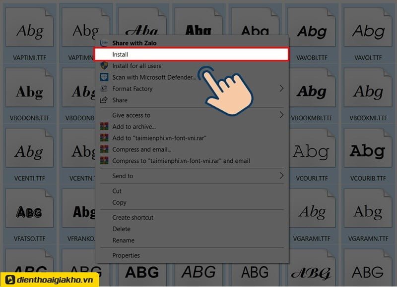 Hình ảnh minh họa quá trình cài đặt phông chữ trên hệ điều hành, với các tệp font được chọn và tùy chọn cài đặt.