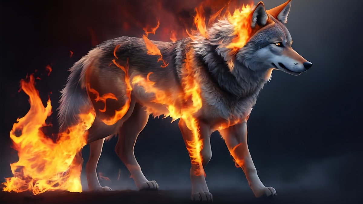 Hình nền máy tính chó sói với hiệu ứng lửa