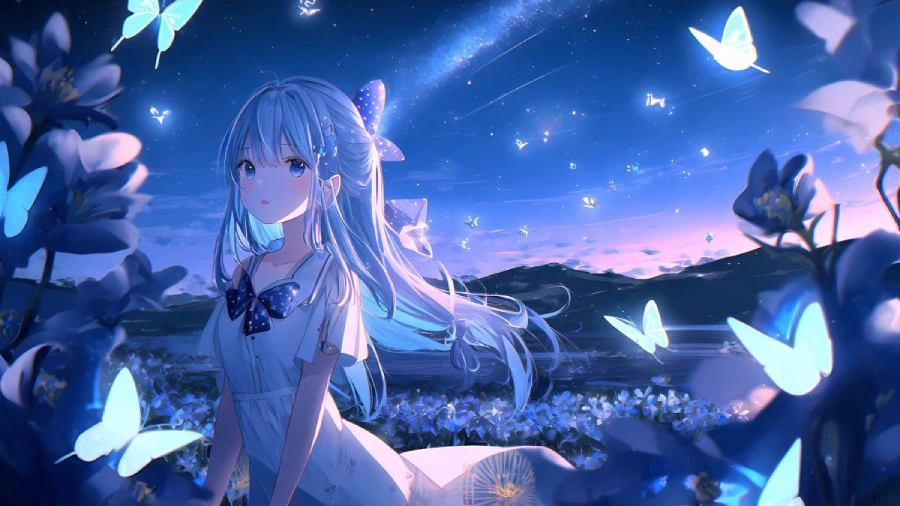 Hình nền máy tính anime cute với nhân vật nữ tươi cười trong khung cảnh dễ thương