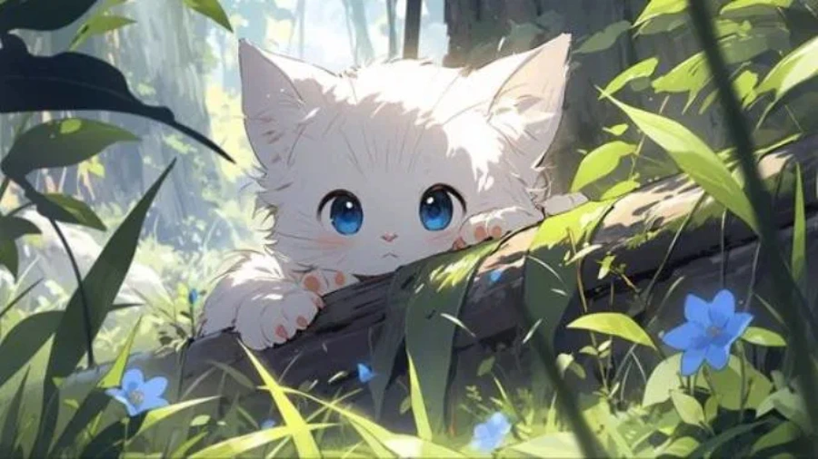 Hình nền máy tính anime cute, cô gái nhỏ nhắn bên cửa sổ nhìn ra vườn hoa