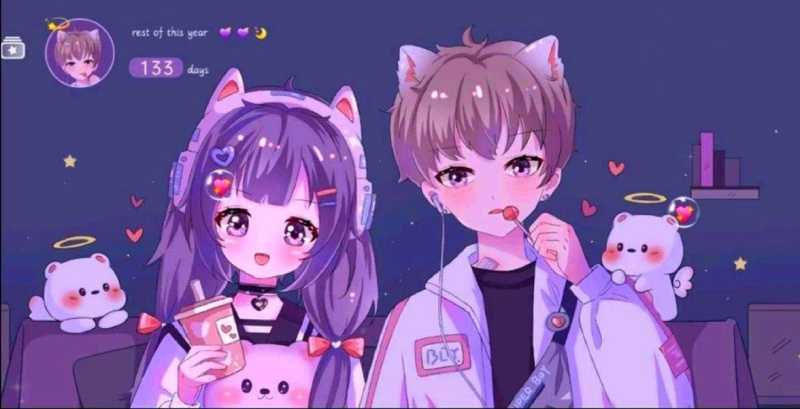 Hình nền máy tính anime cute, nhân vật nữ với mái tóc dài màu hồng đứng giữa cánh đồng