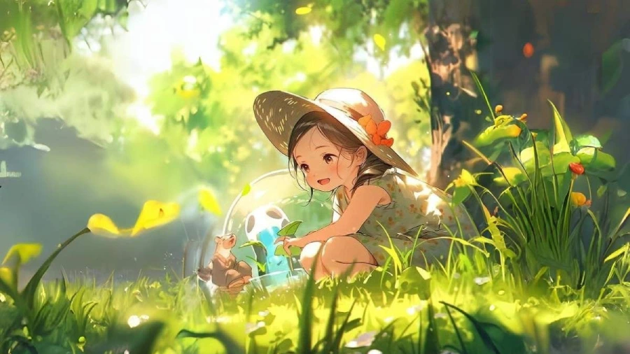 Hình nền máy tính anime cute, cô gái nhỏ bé ôm gấu bông dưới ánh nắng