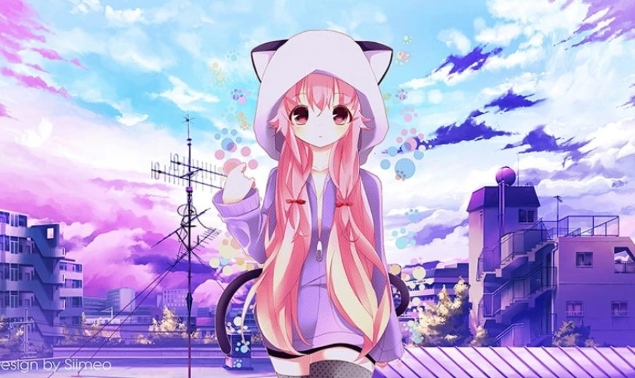 Hình nền máy tính anime cute, nhân vật nữ đang cười tươi và vẫy tay