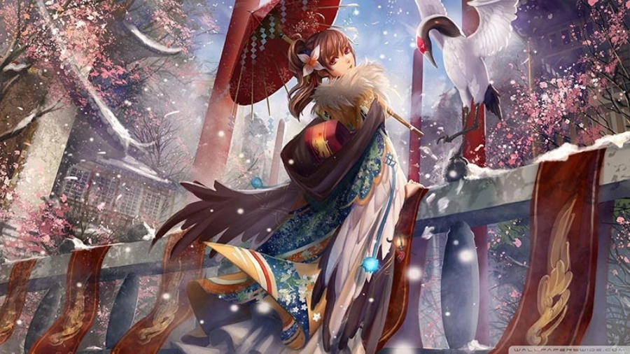 Hình nền máy tính anime 3D với khung cảnh thành phố hiện đại và nhân vật nữ