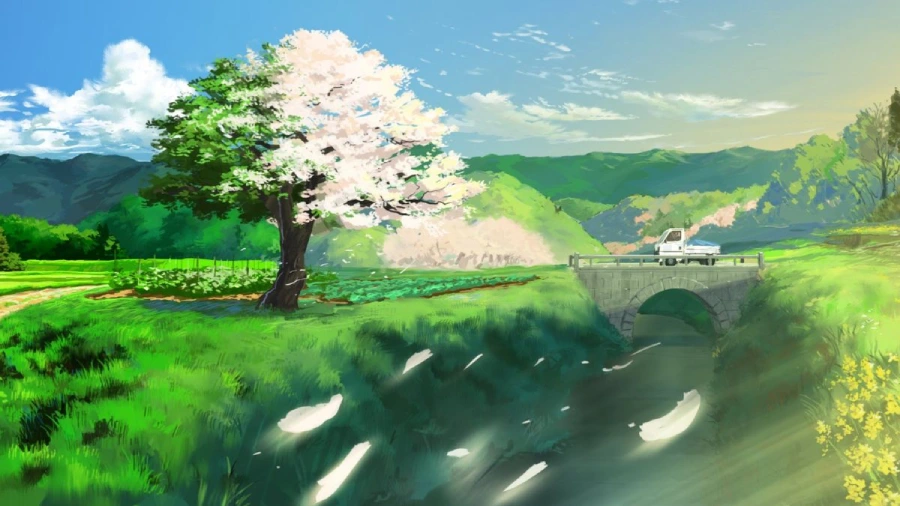 Hình nền máy tính anime thiên nhiên, cánh đồng lúa chín vàng dưới bầu trời xanh