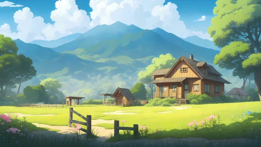 Hình nền máy tính anime thiên nhiên, ngôi nhà gỗ giữa rừng cây tuyết trắng