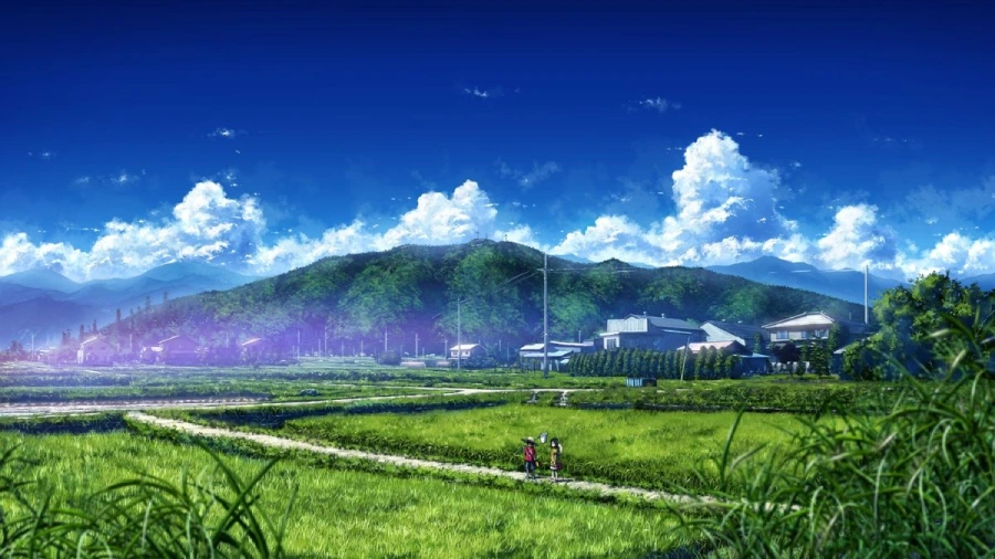 Hình nền máy tính anime thiên nhiên, cánh đồng hoa oải hương dưới ánh nắng ban mai