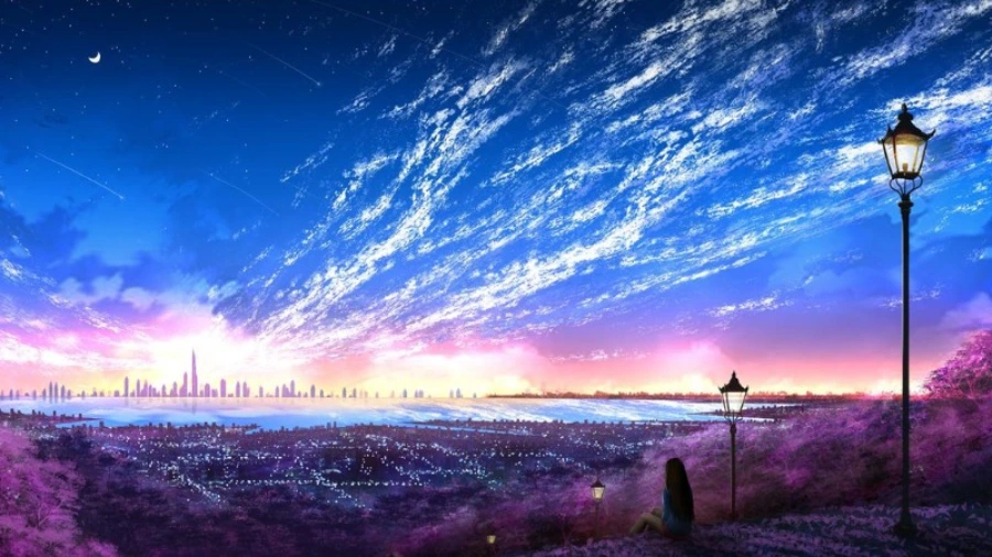 Hình nền máy tính anime thiên nhiên, con thuyền nhỏ trên mặt hồ yên ả