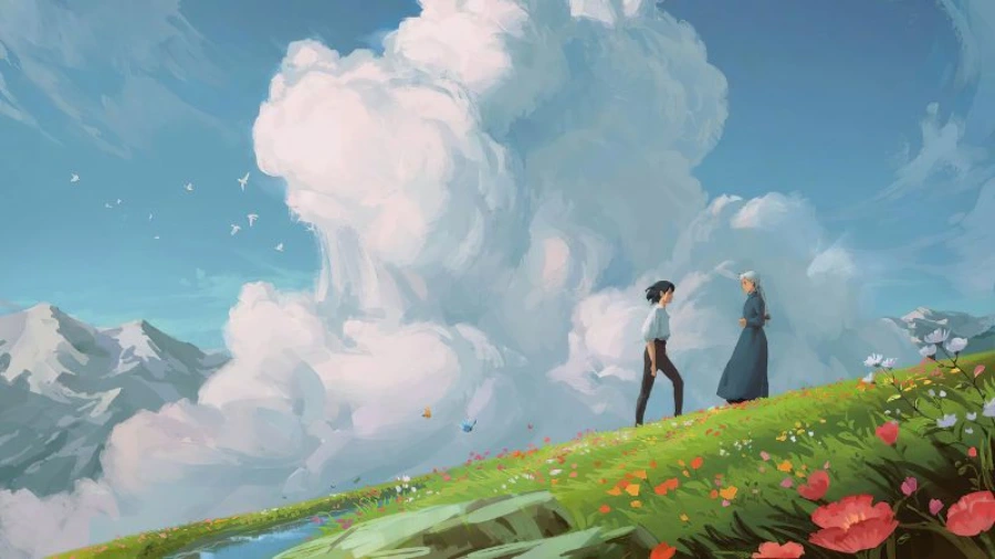 Hình nền máy tính anime thiên nhiên, ngọn núi hùng vĩ bao phủ bởi mây mù