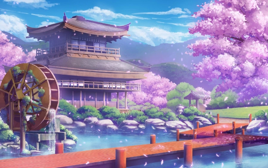 Hình nền máy tính anime thiên nhiên với ngôi nhà nhỏ bên hồ nước trong xanh
