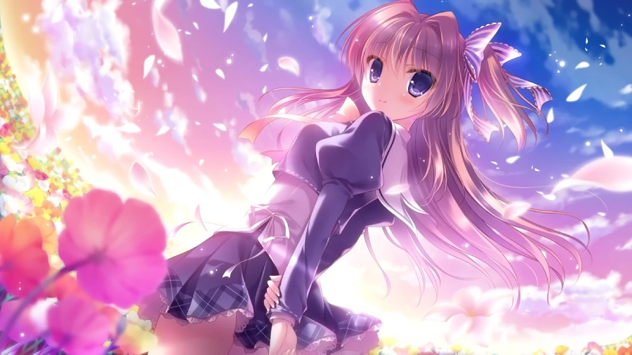 Hình nền máy tính anime cute màu tím, nhân vật nữ với trang phục truyền thống và hoa anh đào