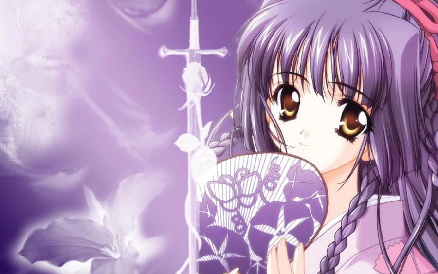 Hình nền máy tính anime cute màu tím, nhân vật nữ với mái tóc dài và đôi mắt sâu thẳm