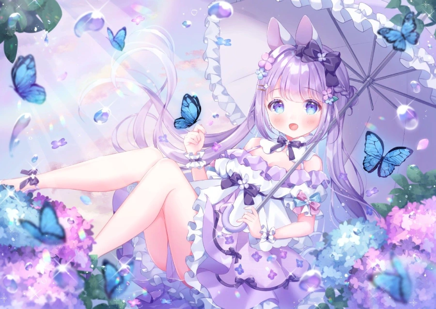 Hình nền máy tính anime cute màu tím, cô gái ngồi đọc sách bên cửa sổ với ánh sáng tím