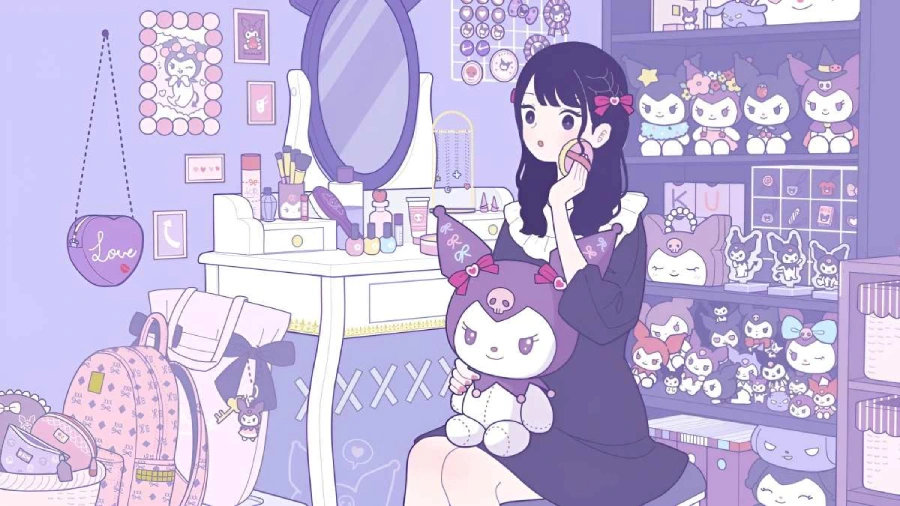 Hình nền máy tính anime cute màu tím, nhân vật nữ trong bộ trang phục lộng lẫy