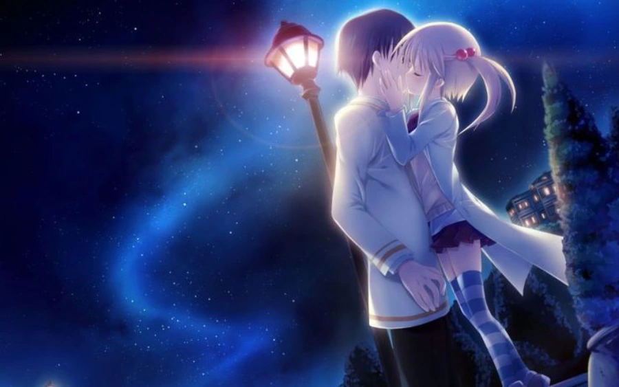 Hình nền máy tính anime cute về tình yêu, cô gái tựa đầu vào vai chàng trai