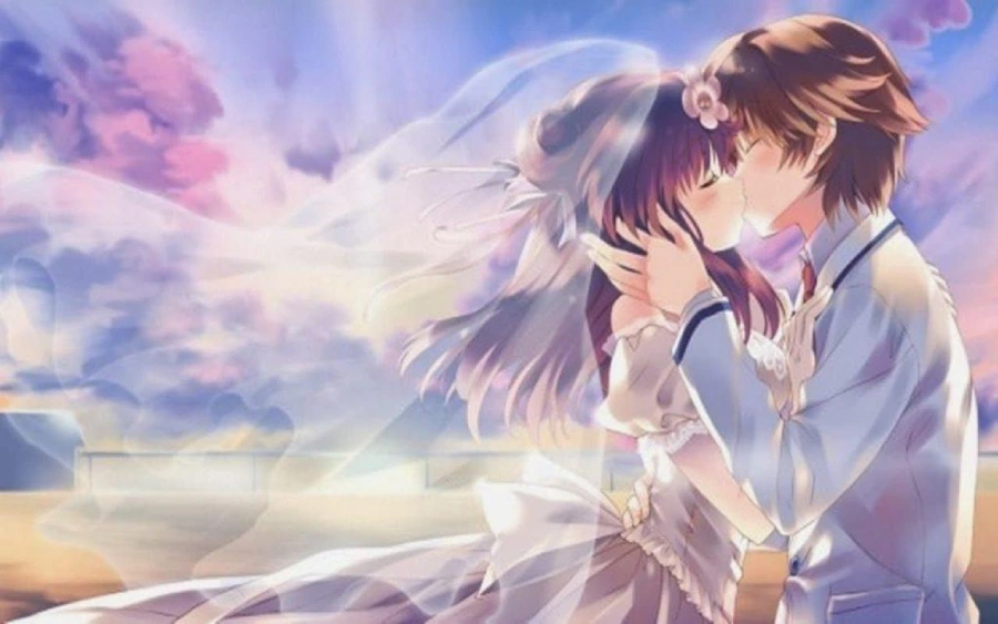 Hình nền máy tính anime cute về tình yêu, cặp đôi ôm nhau dưới ánh nắng chiều