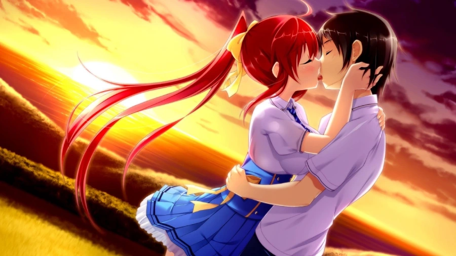 Hình nền máy tính anime cute về tình yêu, cô gái và chàng trai nắm tay nhau chạy trên bãi biển