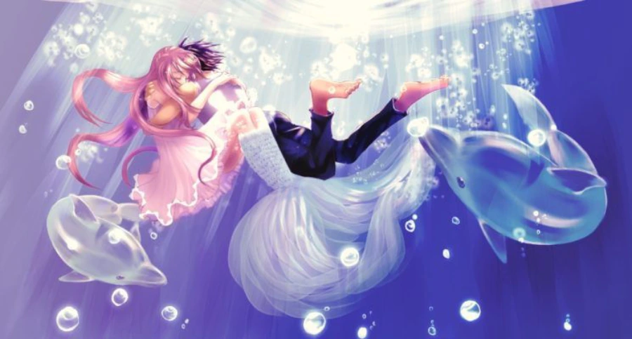 Hình nền máy tính anime cute về tình yêu, nhân vật nam tặng hoa cho nhân vật nữ