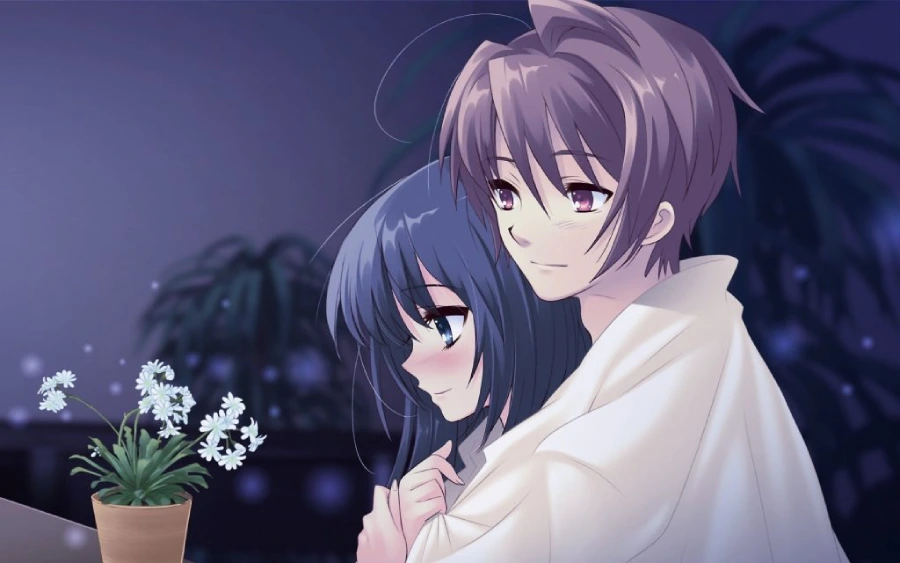Hình nền máy tính anime cute về tình yêu, cặp đôi đang trao nhau nụ hôn ngọt ngào