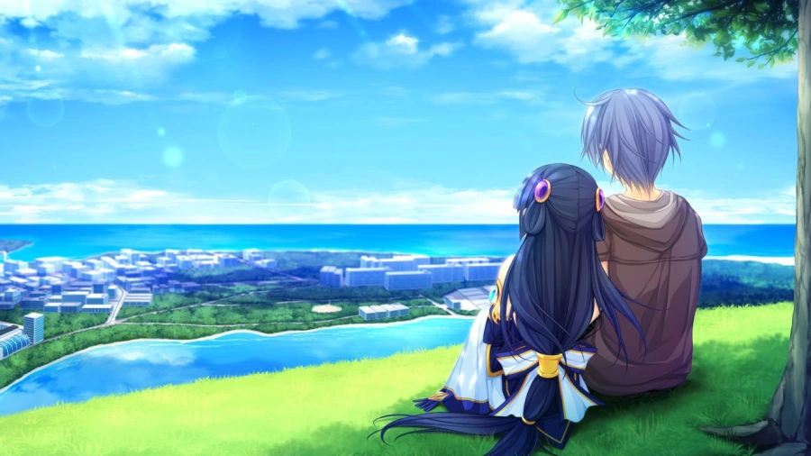 Hình nền máy tính anime cute về tình yêu, nhân vật nam và nữ trên đồng cỏ xanh