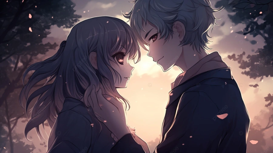 Hình nền máy tính anime cute về tình yêu, cặp đôi đứng dưới gốc cây cổ thụ lớn