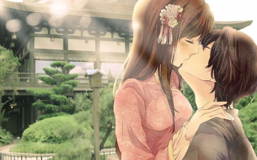 Hình nền máy tính anime cute về tình yêu, cô gái và chàng trai cùng ngắm pháo hoa