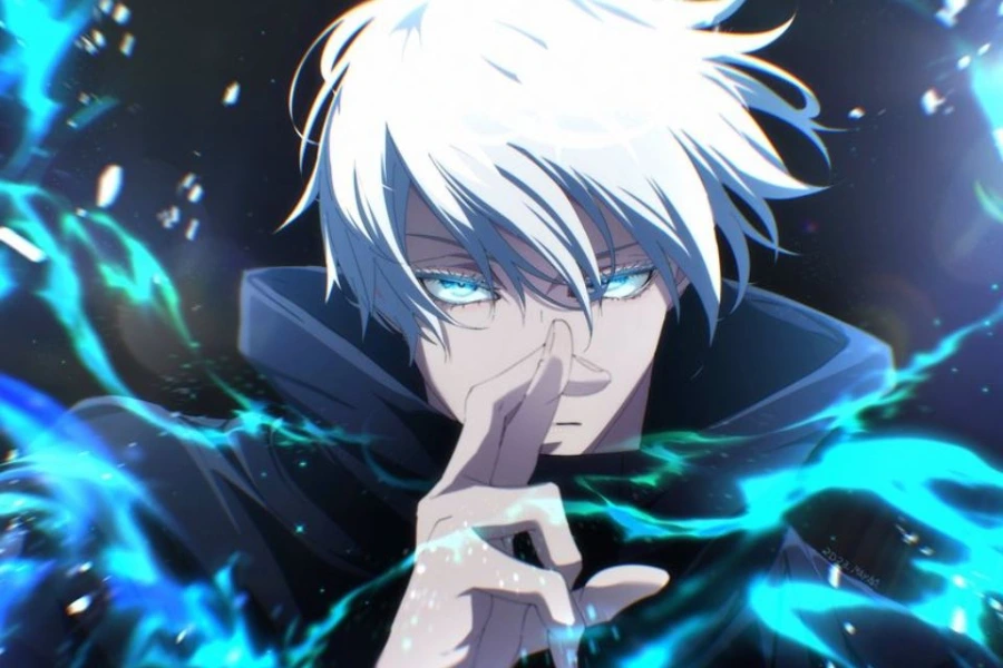 Hình nền máy tính anime cute ngầu Gojo Satoru với biểu cảm tự tin và nụ cười bí ẩn