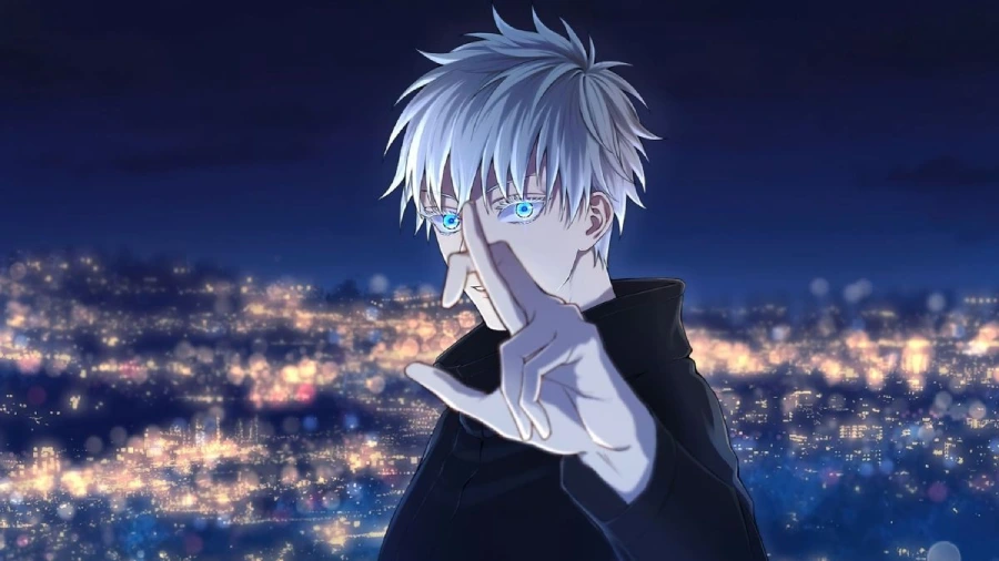 Hình nền máy tính anime cute ngầu Gojo Satoru ngồi trên ngai vàng quyền lực