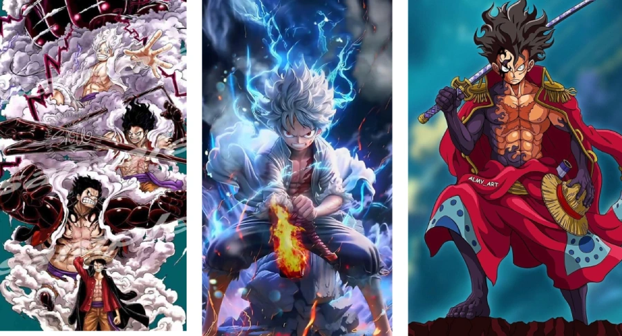 Hình nền máy tính anime cute Luffy Gear 5 đang bay lượn trên bầu trời